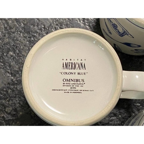 Set of 4 Fitz & Floyd Omnibus Habitat Americana Colony Blue Mugs - Picture 7 of 11